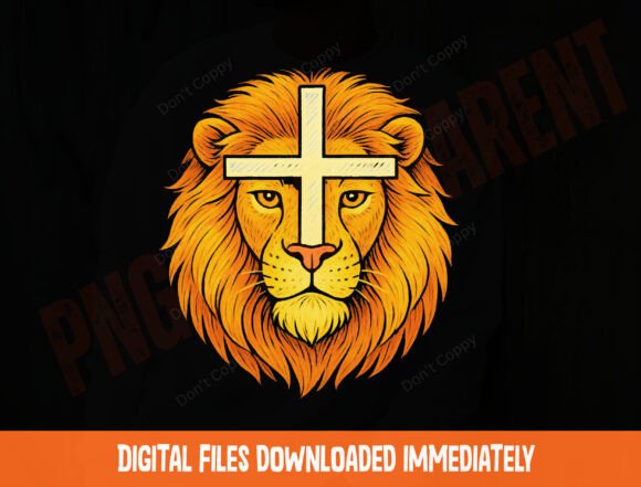Lion and Cross Christian PNG for T-Shirt Designs